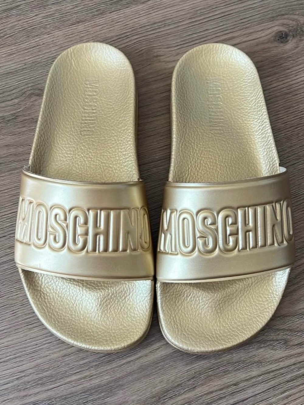 Moschino Metallic Gold Logo Slide Sandals